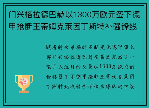 门兴格拉德巴赫以1300万欧元签下德甲抢断王蒂姆克莱因丁斯特补强锋线 门兴格拉德巴赫以1300万欧元签下德甲抢断王蒂姆克莱因丁斯特补强锋线